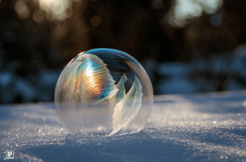 Frozen soap bubble on snow