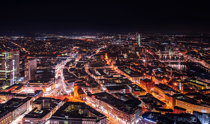 Nighttime view of Frankfurt with Zeil and Main river