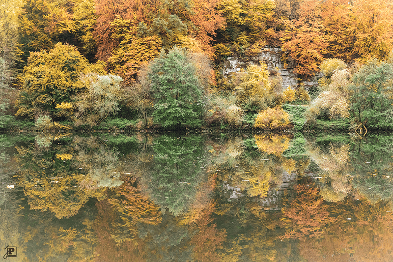 Bunter Herbstwald spiegel sich im Wasser