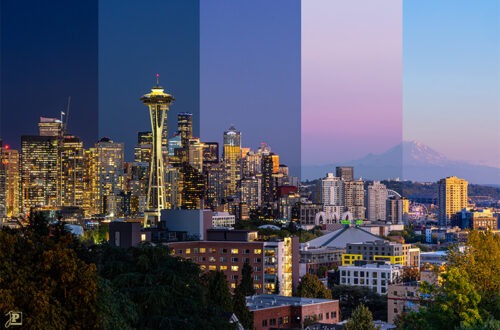 Zusammengesetztes Bild: Seattle im Sonnenuntergang zu verschiedenen Uhrzeiten